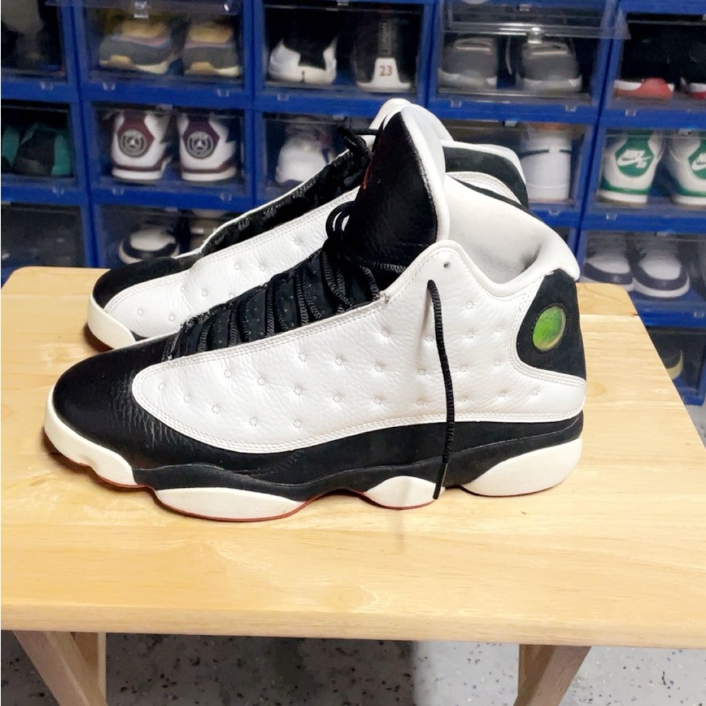 Nike Air Jordan 13 “he got game” White Black with Green Holographic Detail.